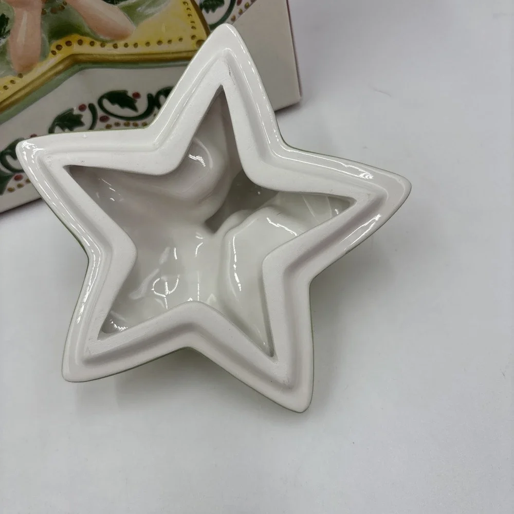 Fitz And Floyd Moonbeams Angel Lidded Trinket Box Star Shaped Holly Berry Xmas